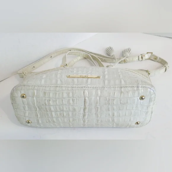 Brahmin Snowball Raffia And Croc Embossed Leather Crossbody Satchel Purse - Picture 7 of 9